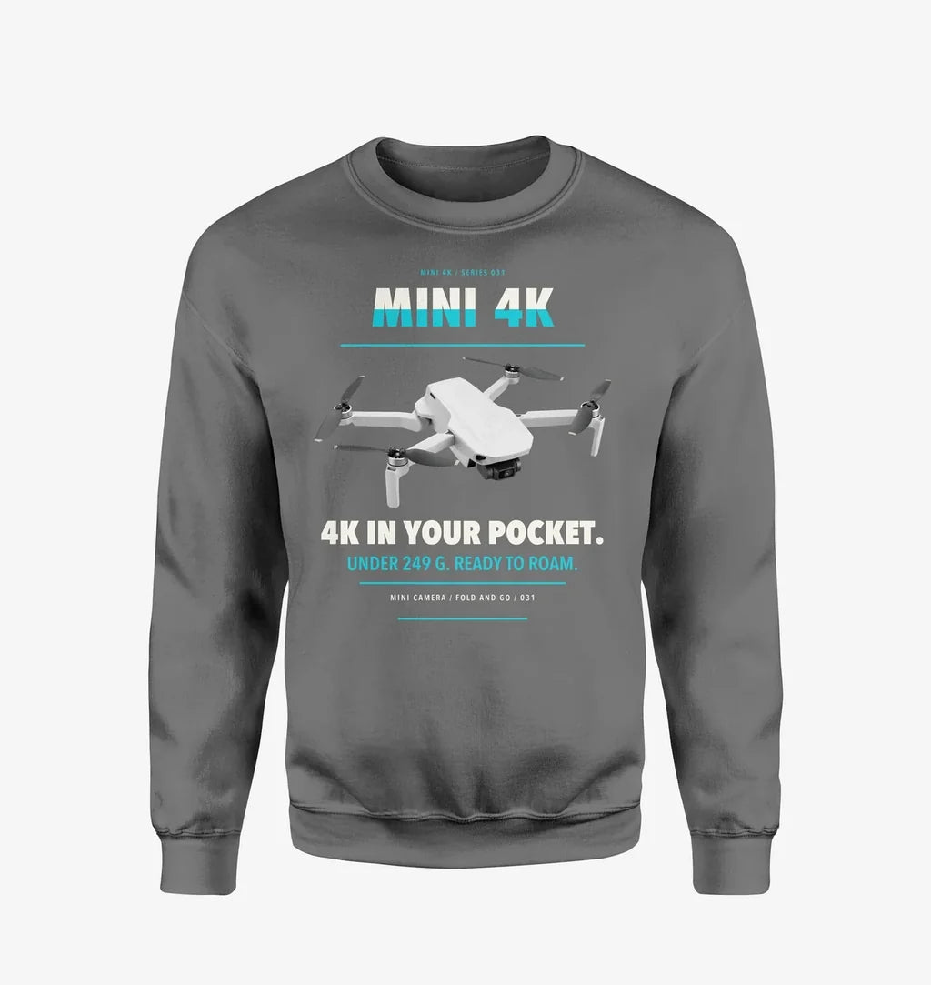 DJI Mini 4K design on gray sweatshirt