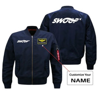 Thumbnail for Swoop Airlines aviation design with custom name embroidered on blue bomber jacket