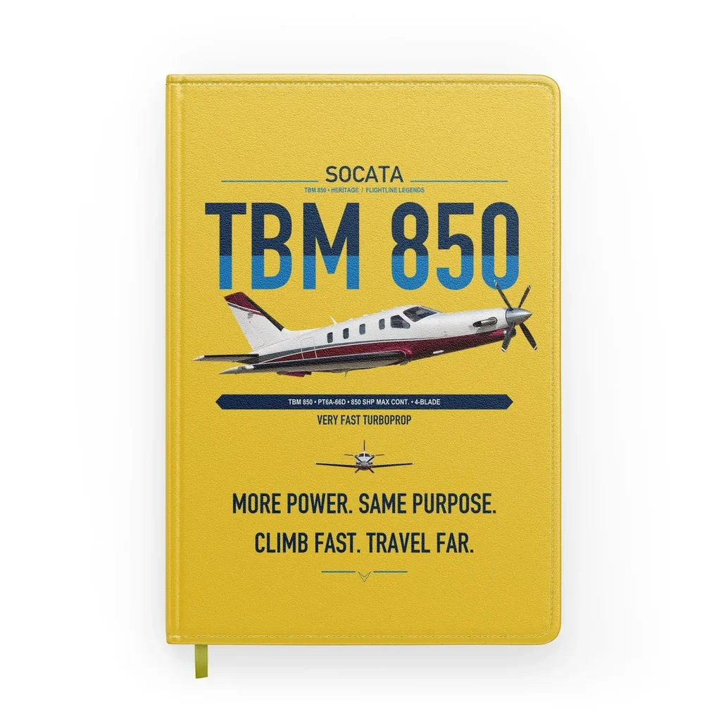 Socata TBM 850 design on yellow notebook