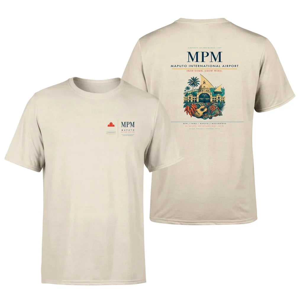 Maputo International Airport (MPM) design printed on beige double-side t-shirt
