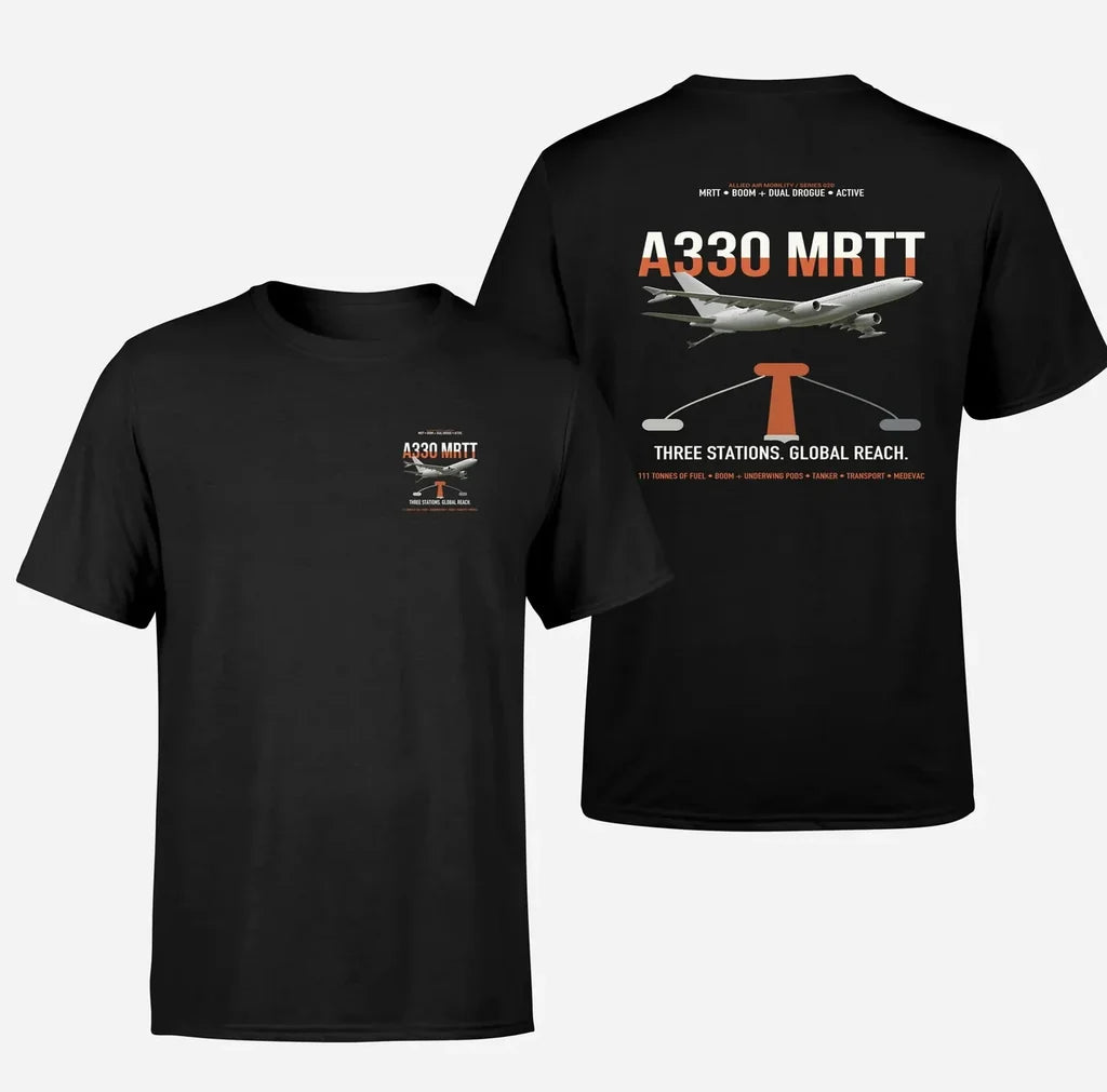 Airbus A330 MRTT design on black t-shirt, double-side print
