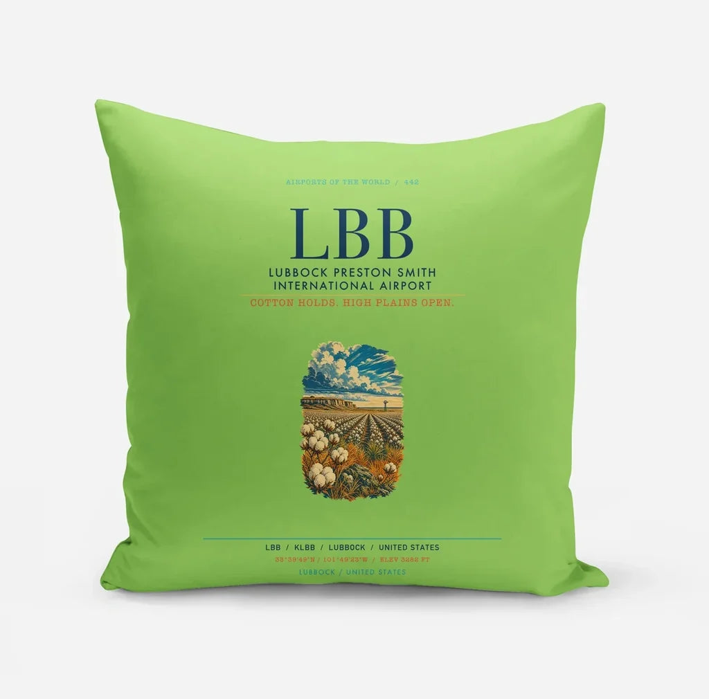 Lubbock Preston Smith International Airport (LBB) design on light green pillow