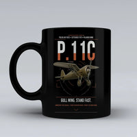 Thumbnail for PZL P.11c design on black ceramic mug, double-side print