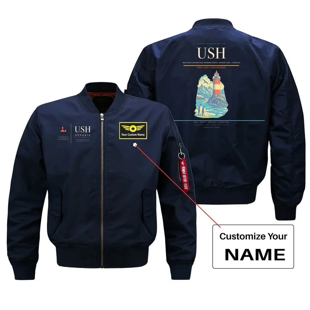 Malvinas Argentinas International Airport (USH) design on blue bomber jacket with custom name patch