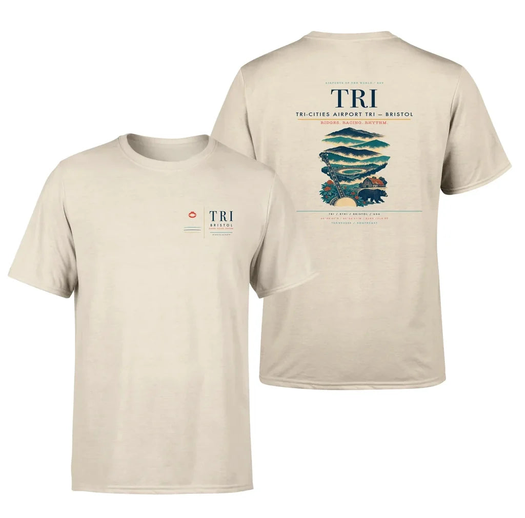 Tri-Cities Airport (TRI) design printed on beige double-side t-shirt