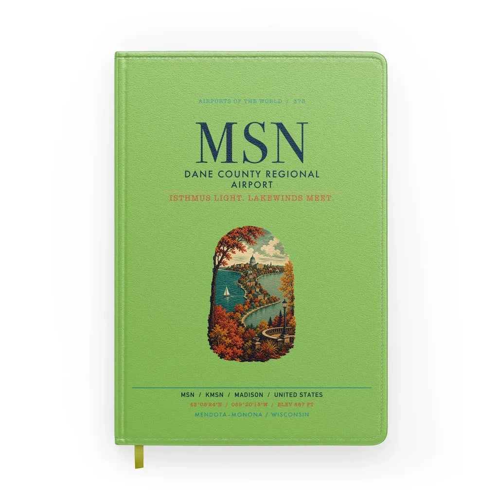 Dane County Regional Airport Madison (MSN) design on light green notebook