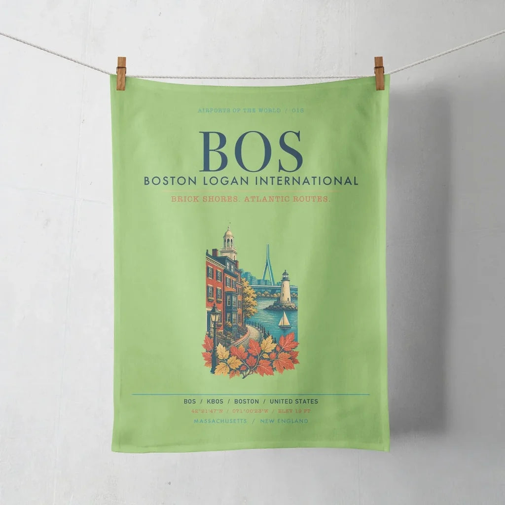 Boston Logan International Airport (BOS) design on light green towel