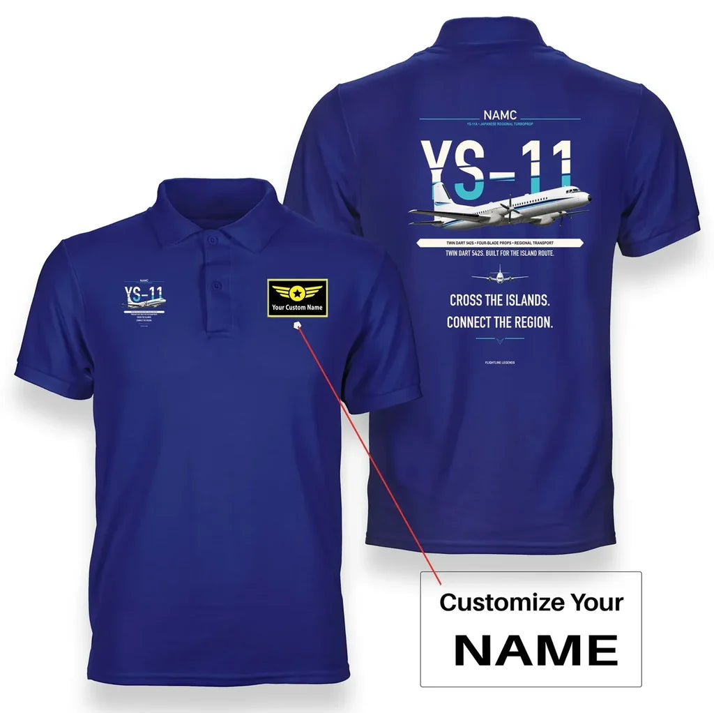 NAMC YS-11A design on blue polo with custom name badge