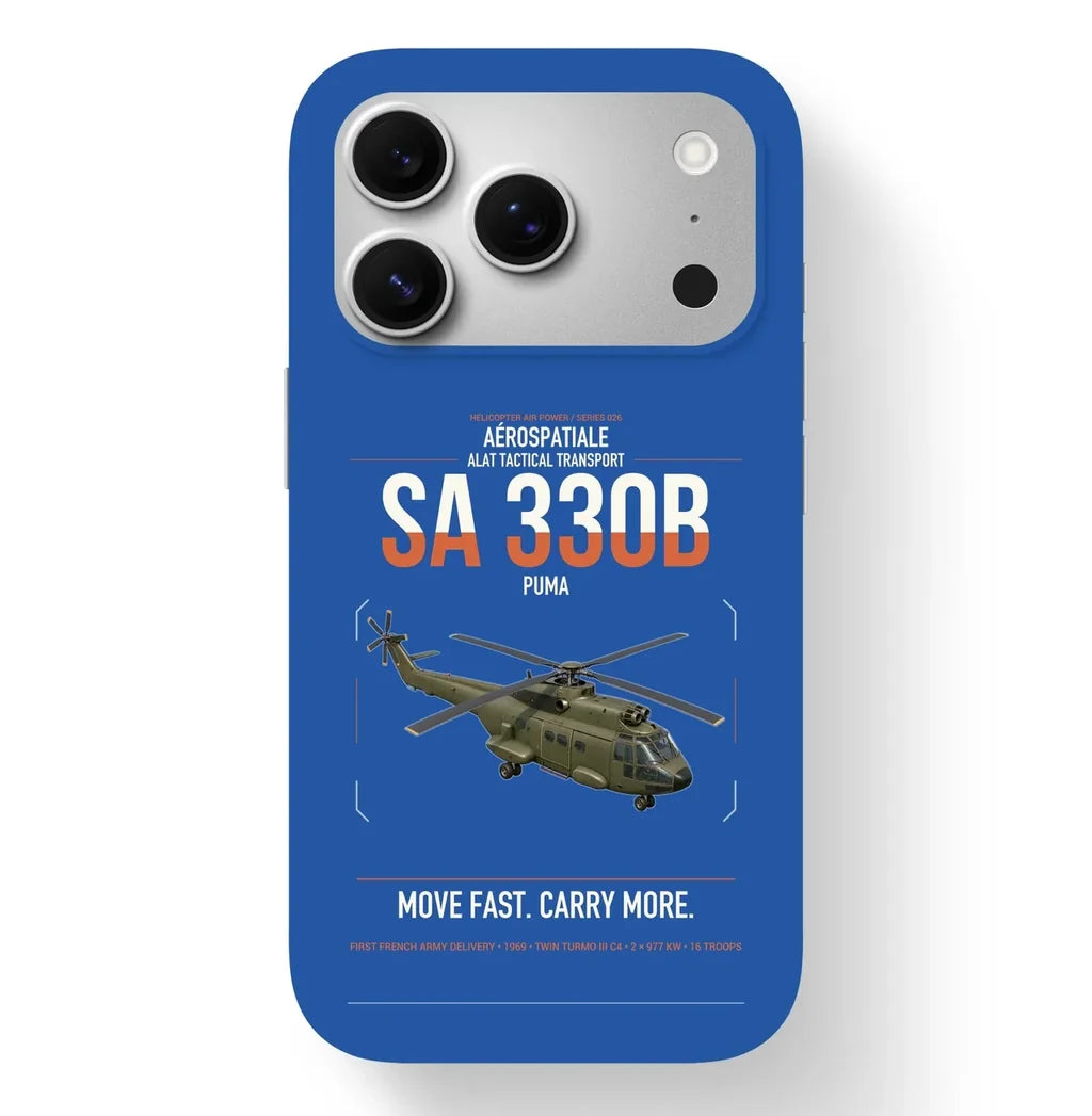 Aérospatiale SA 330B Puma design on blue magsafe iphone case, for iPhone 17 Pro
