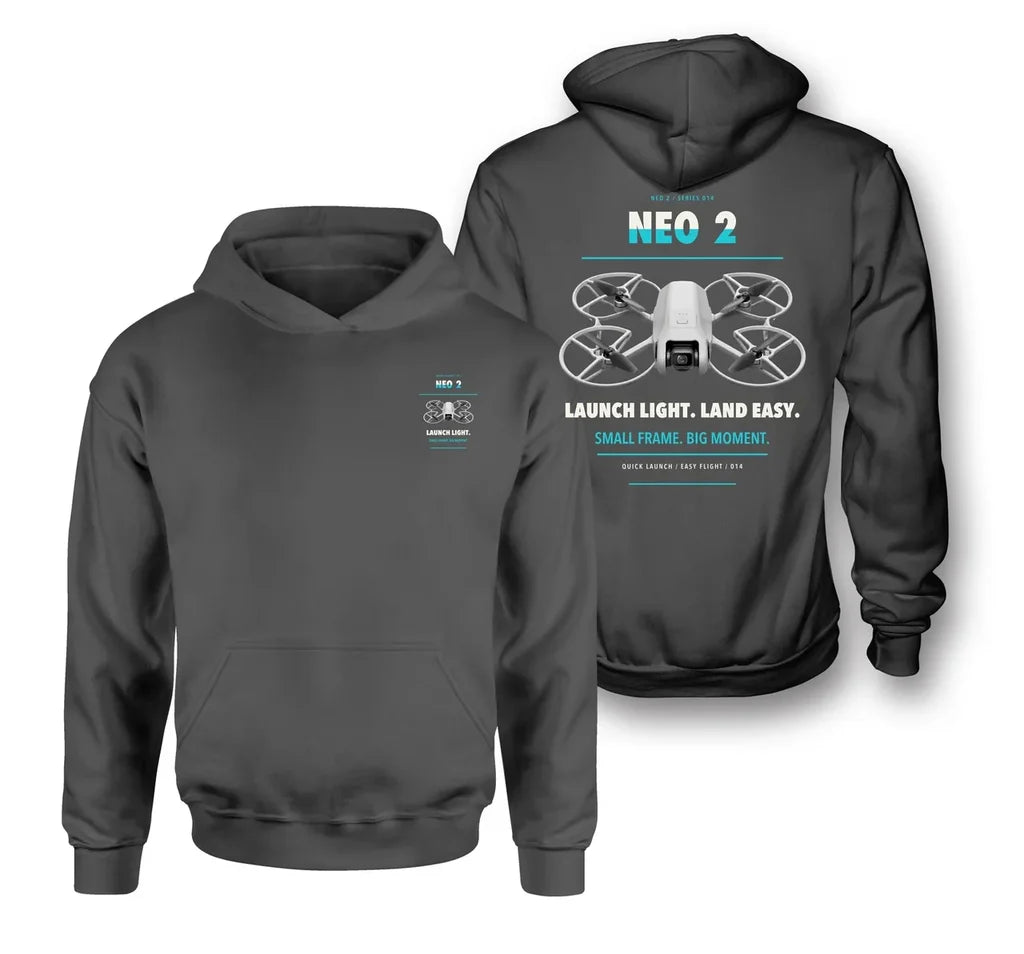 DJI Neo 2 design on dark gray hoodie