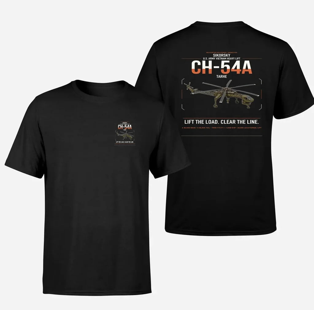Sikorsky CH-54A Tarhe design on black t-shirt, double-side print