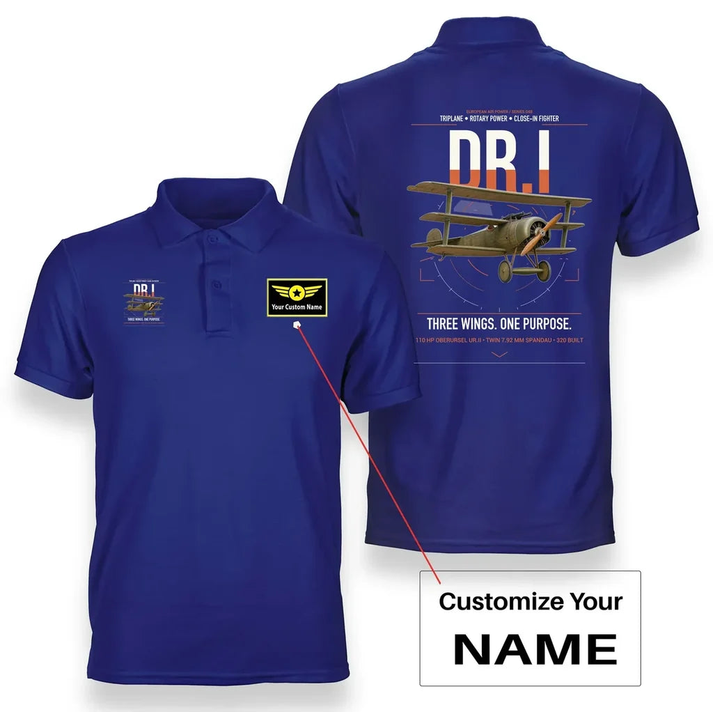 Fokker Dr.I design on blue+name double-side polo t-shirt, double-side print