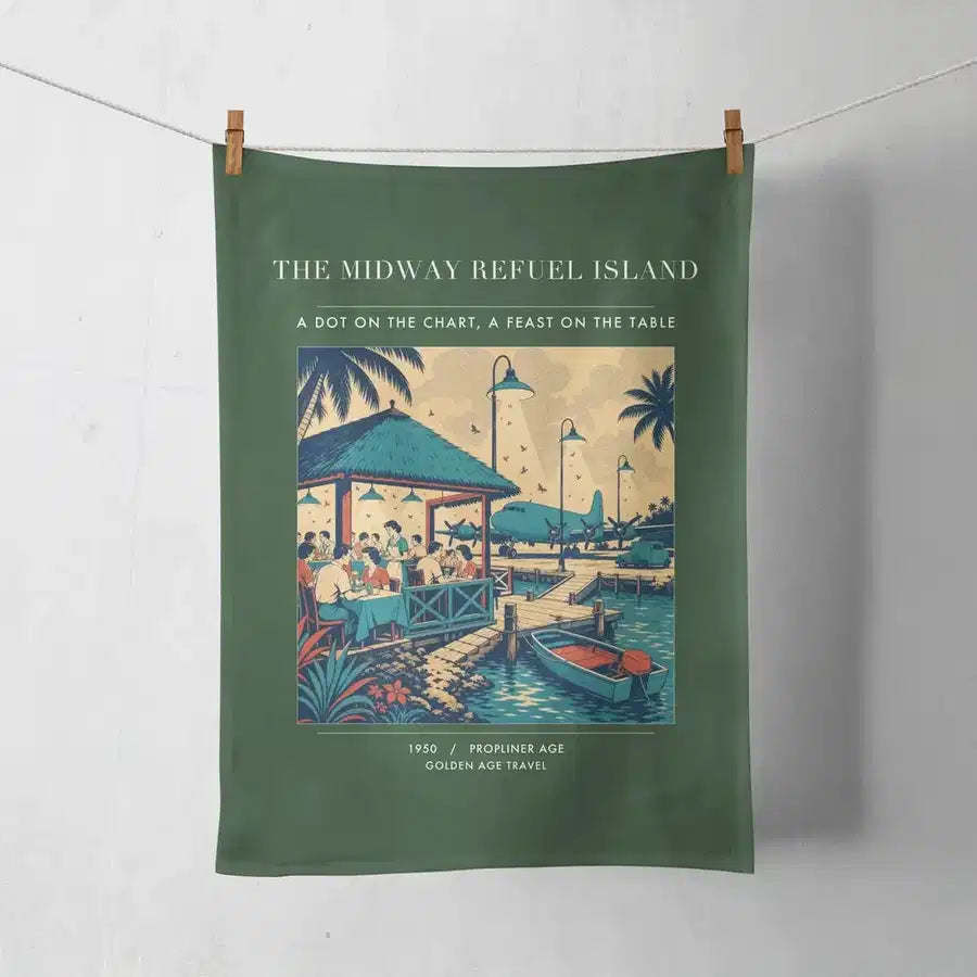 VINTAGE G4309 - The Midway Refuel Island - Designed Towels design on darkgreen