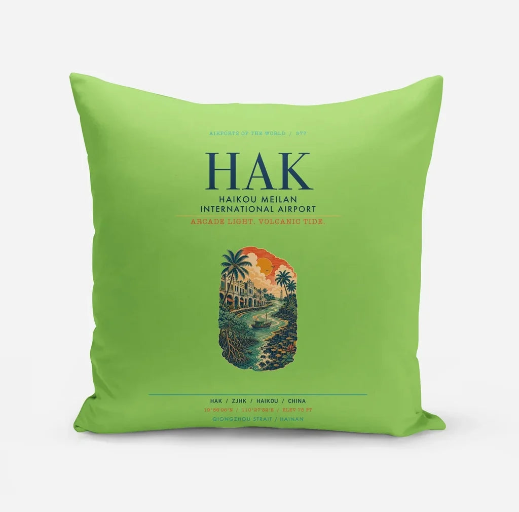 Haikou Meilan International Airport (HAK) design on light green pillow