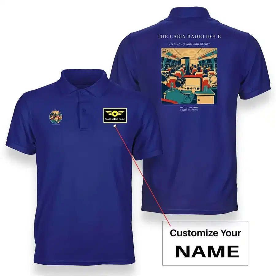 VINTAGE G4229 - The Cabin Radio Hour - Double-Side Polo T-Shirt design on blue+name