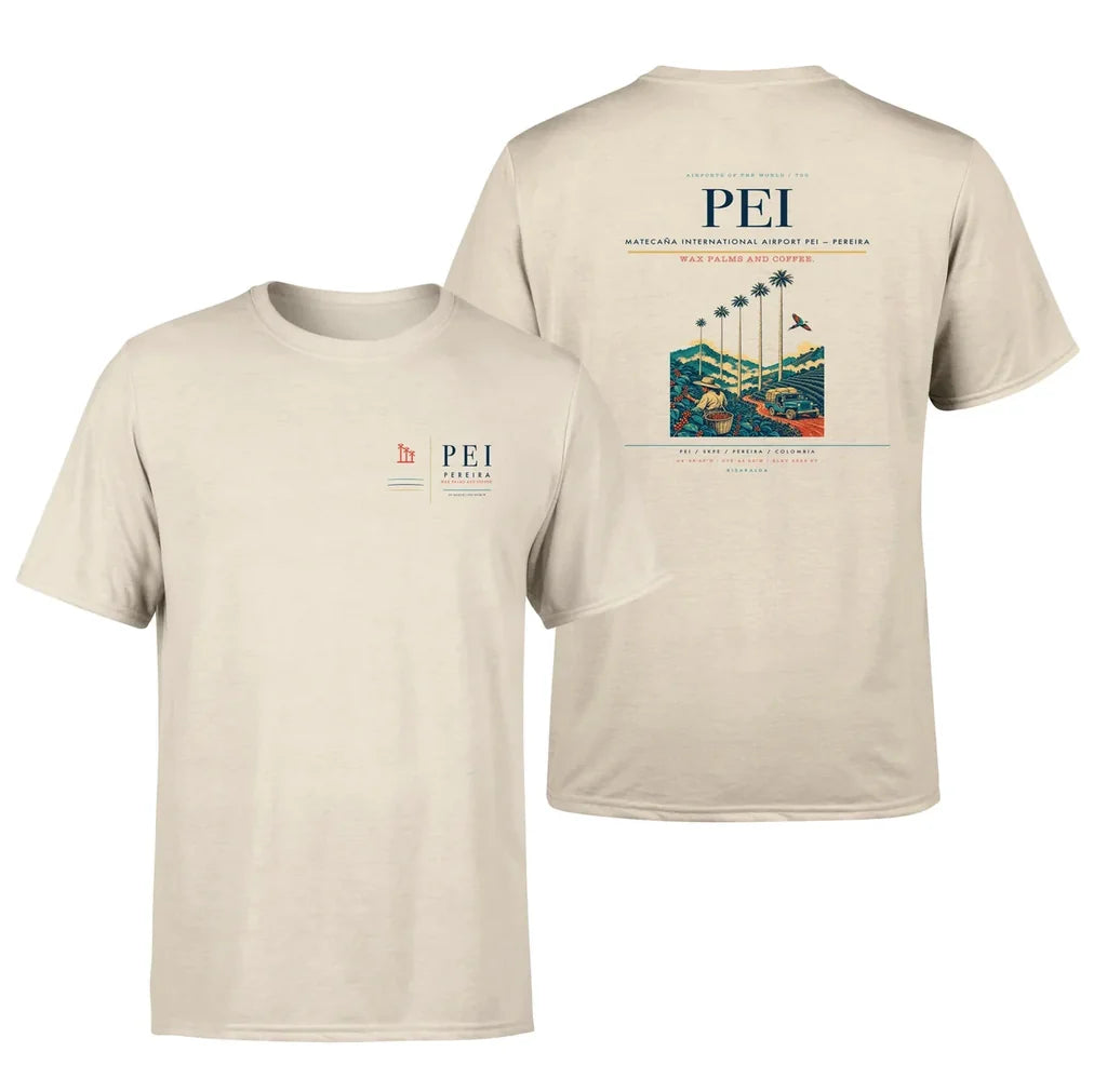 Matecaña International Airport (PEI) design printed on beige double-side t-shirt