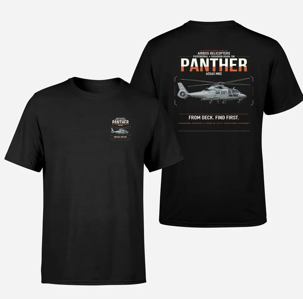 Airbus Helicopters AS565 MBe Panther design on black t-shirt, double-side print