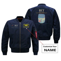 Thumbnail for Bethel Airport (BET) design on blue bomber jacket with custom name patch