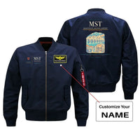 Thumbnail for Maastricht Aachen Airport (MST) design on blue bomber jacket with custom name patch