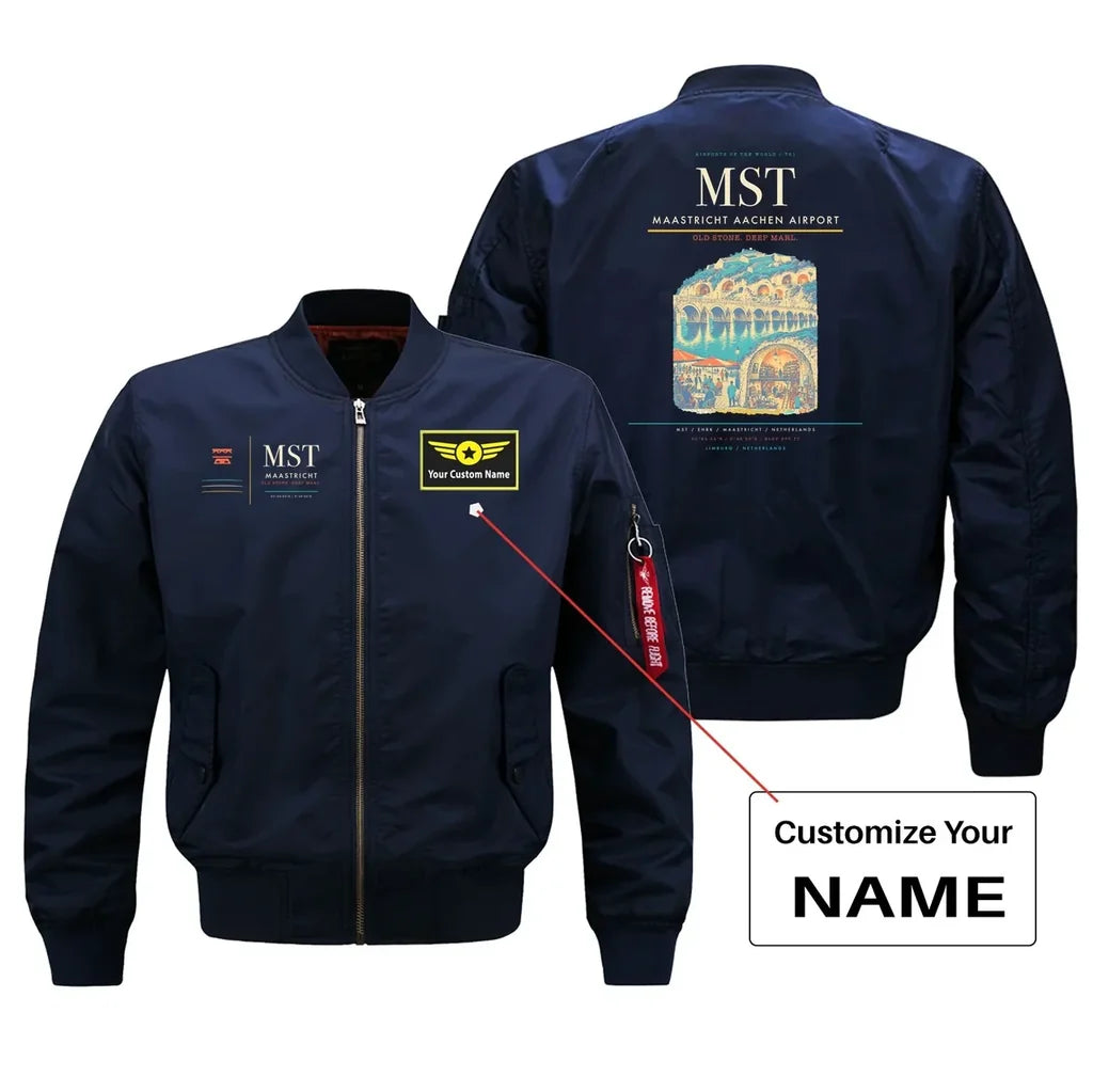 Maastricht Aachen Airport (MST) design on blue bomber jacket with custom name patch