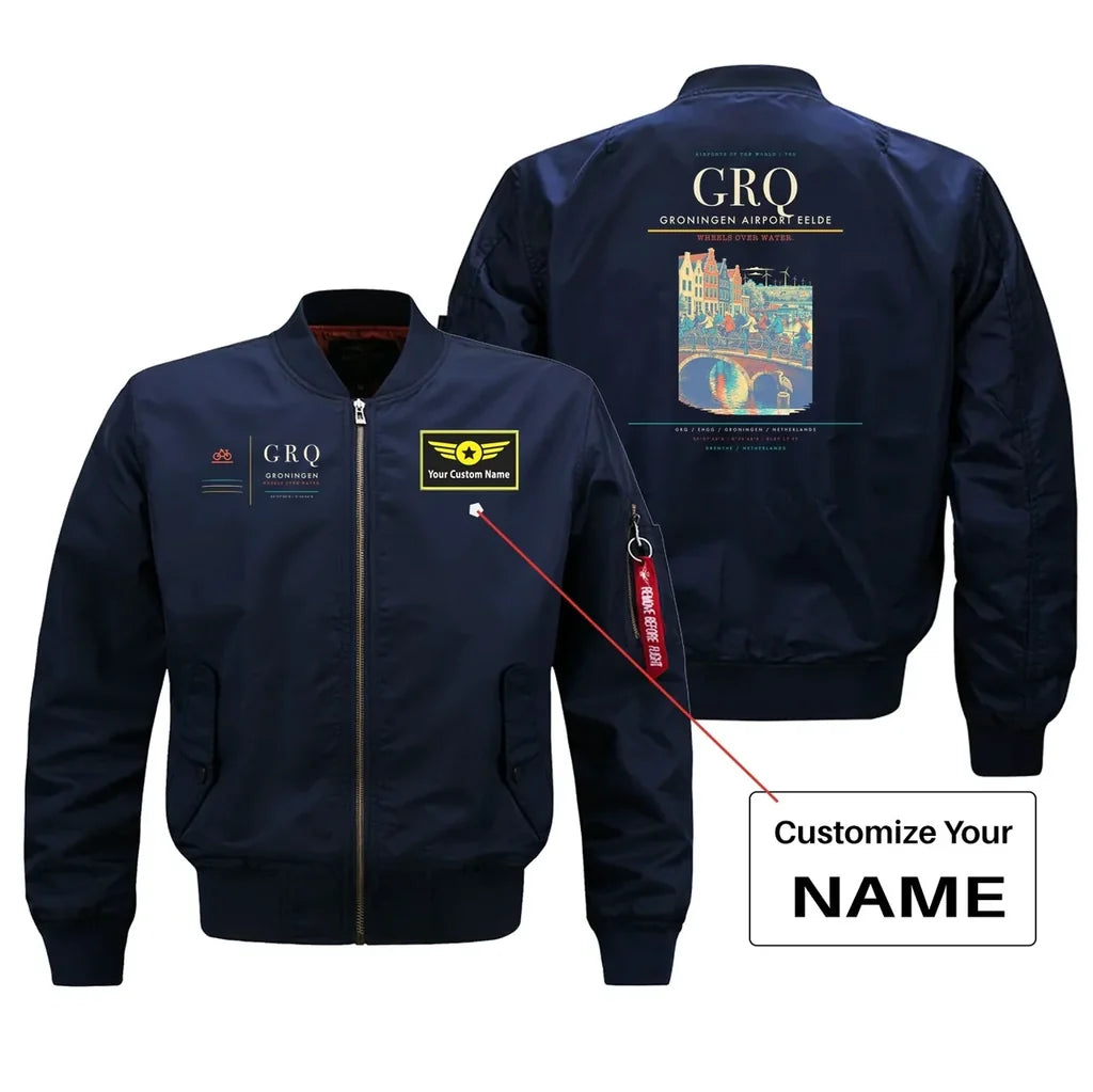 Groningen Airport Eelde (GRQ) design on blue bomber jacket with custom name patch