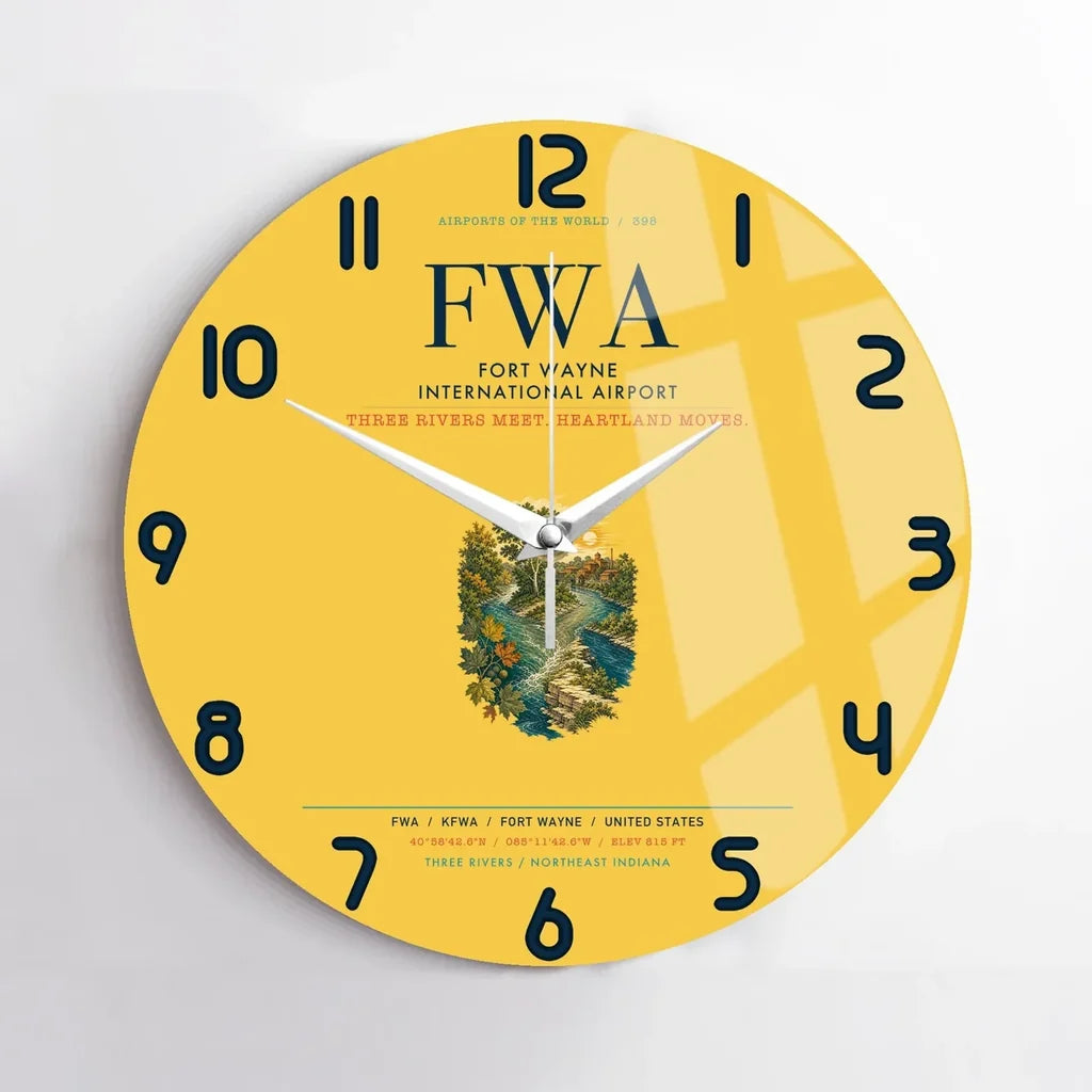 Fort Wayne International Airport (FWA) design on yellow no frame wall clock