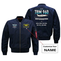 Thumbnail for Daher TBM 960 design on blue+name bomber jacket, double-side print