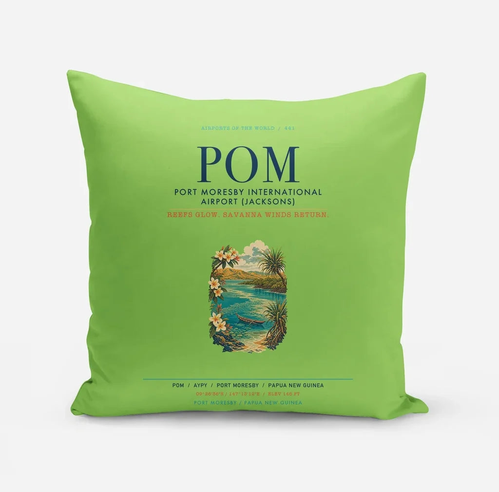 Port Moresby International Airport (POM) design on light green pillow