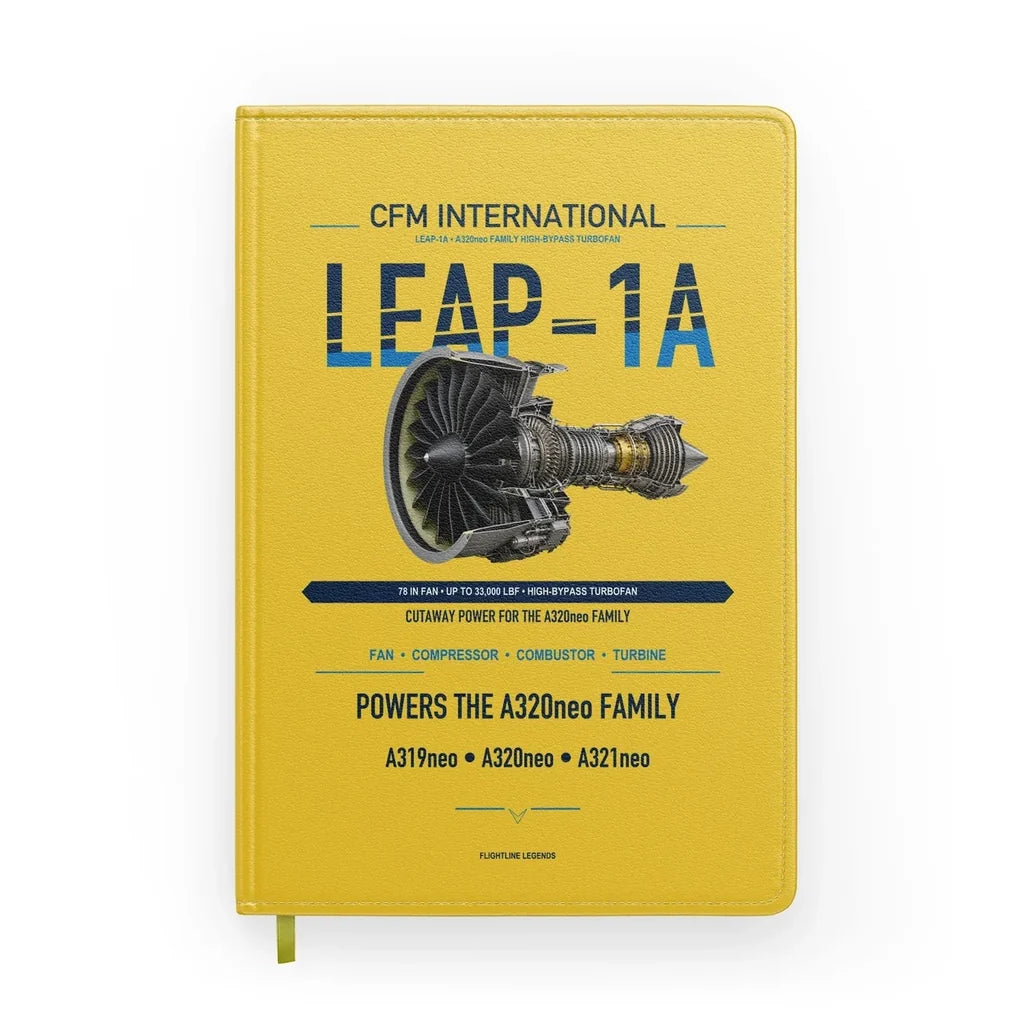 CFM LEAP-1A design on yellow notebook