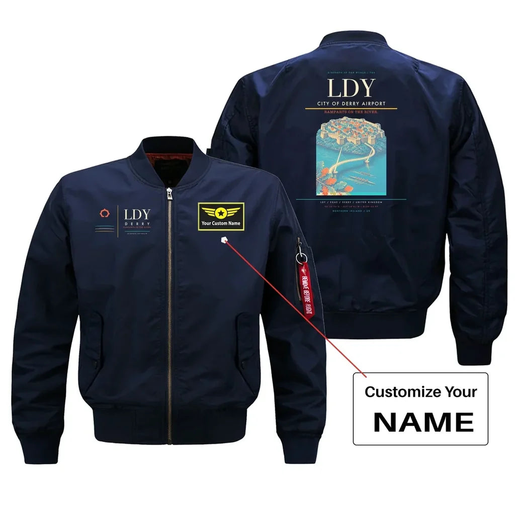 City of Derry Airport (LDY) design on blue bomber jacket with custom name patch