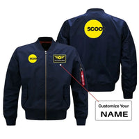 Thumbnail for Scoot Airlines aviation design with custom name embroidered on blue bomber jacket