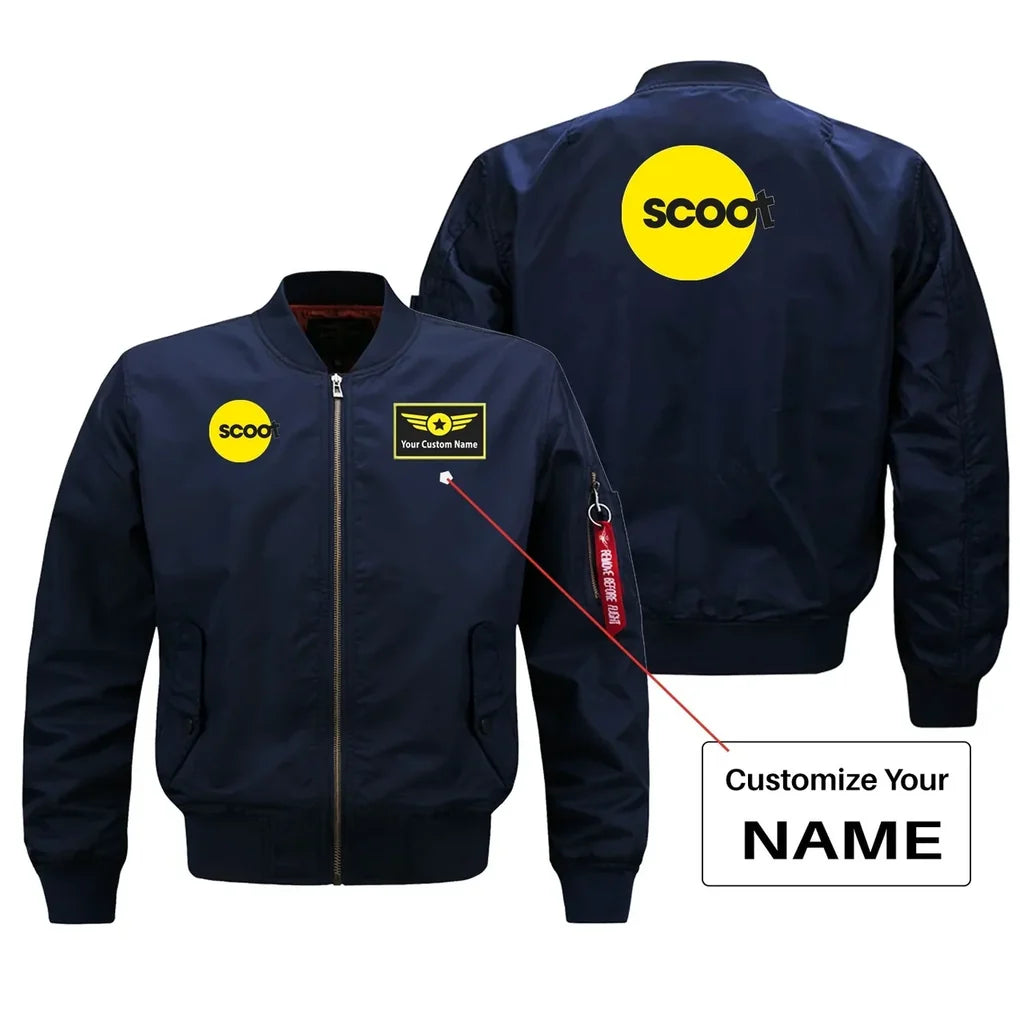 Scoot Airlines aviation design with custom name embroidered on blue bomber jacket