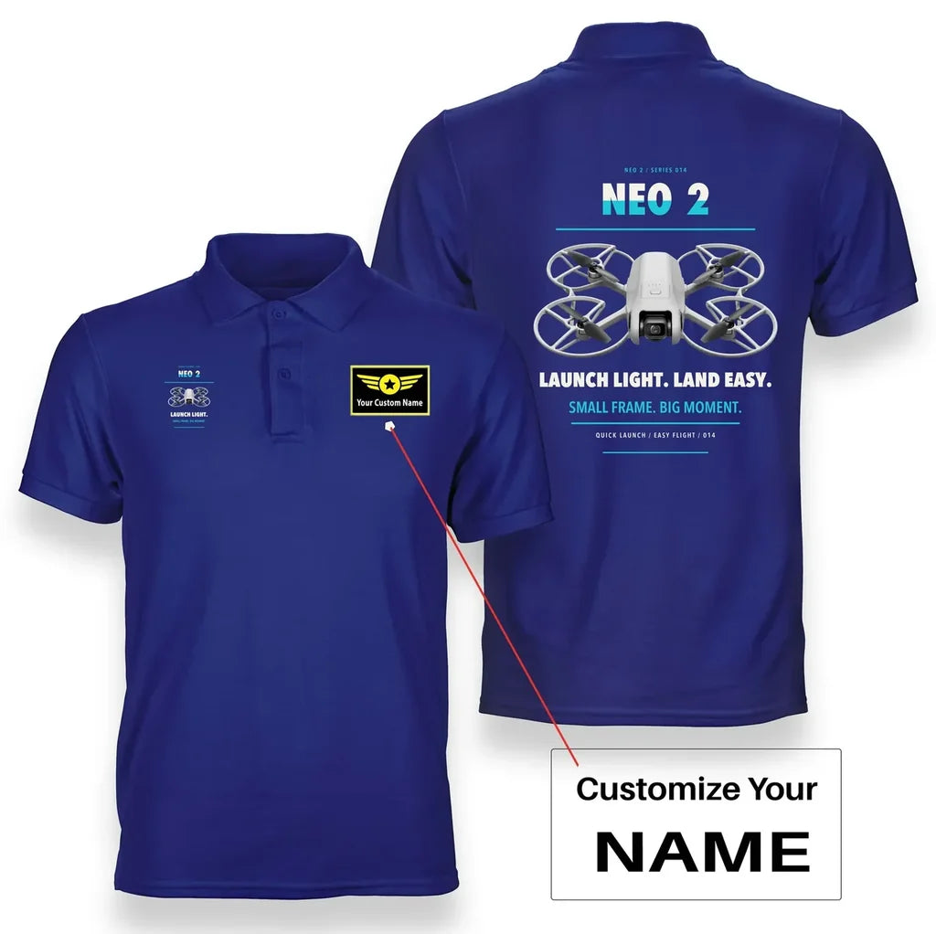 DJI Neo 2 design on blue polo with custom name badge