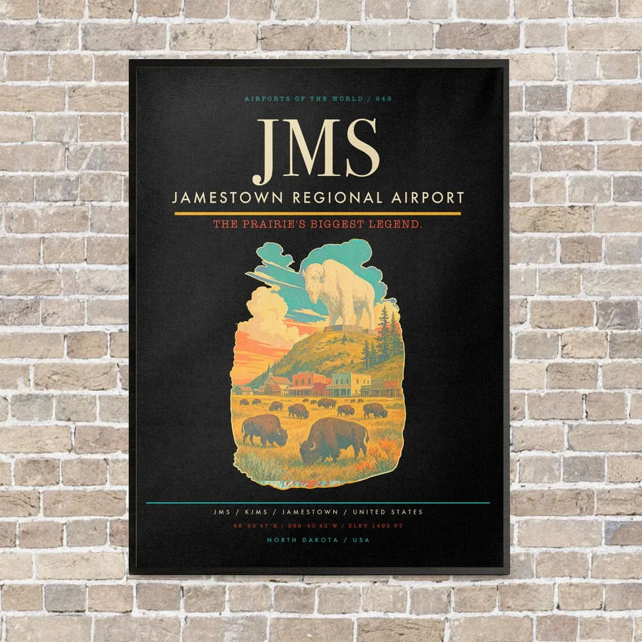 Jamestown Regional Airport JMS vertical canvas print - framed - black background