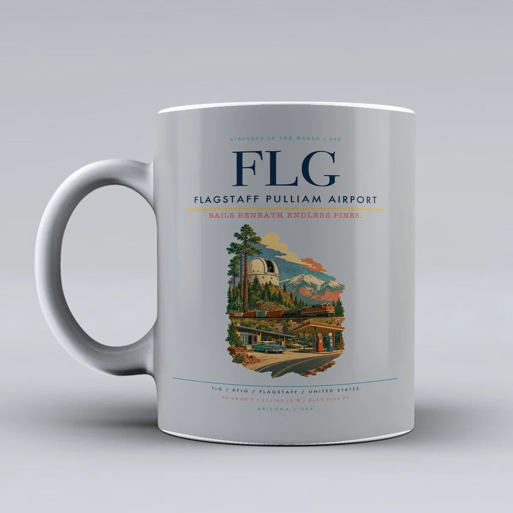 Flagstaff Pulliam Airport (FLG) airport code design on light gray ceramic mug