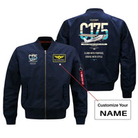 Thumbnail for Cessna 175 Skylark design on blue+name bomber jacket, double-side print