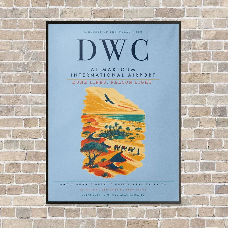 Al Maktoum International Airport DWC vertical canvas print - framed - light blue background
