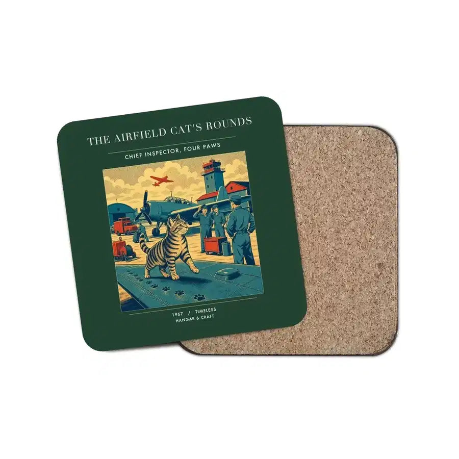 The Airfield Cat's Rounds - Designed Coasters design on dark green 1-piece