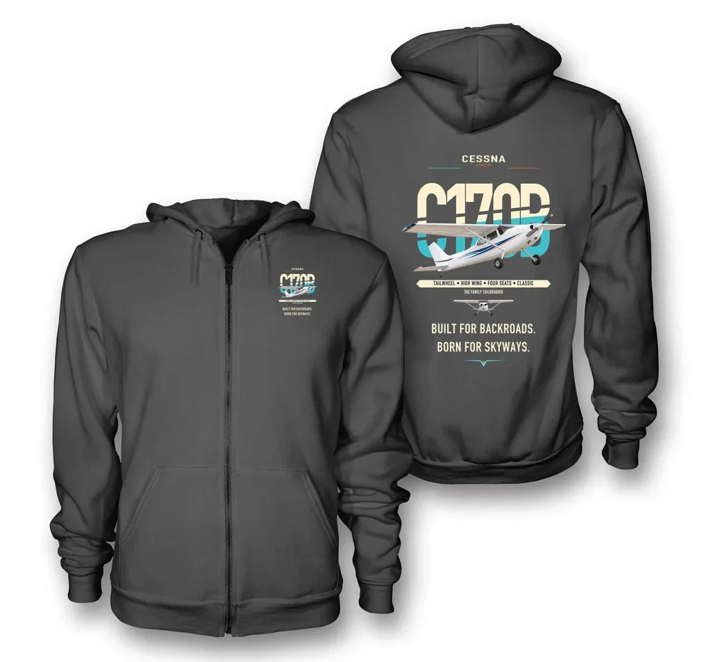 Cessna 170B design on dark gray premium zipped hoodie, double-side print