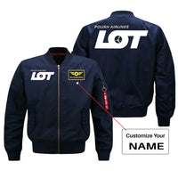 Thumbnail for LOT Polish Airlines aviation design with custom name embroidered on blue bomber jacket