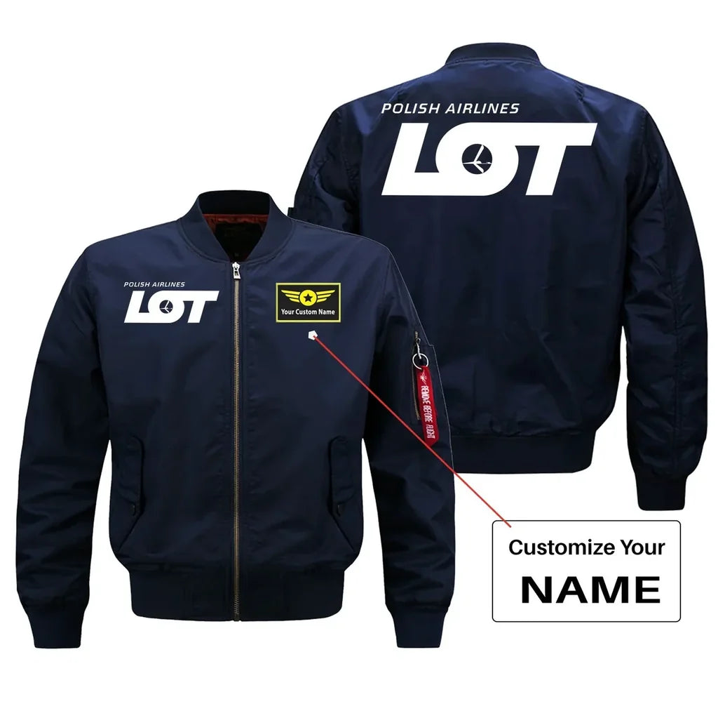 LOT Polish Airlines aviation design with custom name embroidered on blue bomber jacket