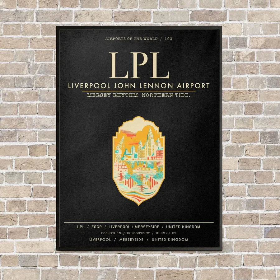 Liverpool John Lennon Airport LPL vertical canvas print - framed - black background