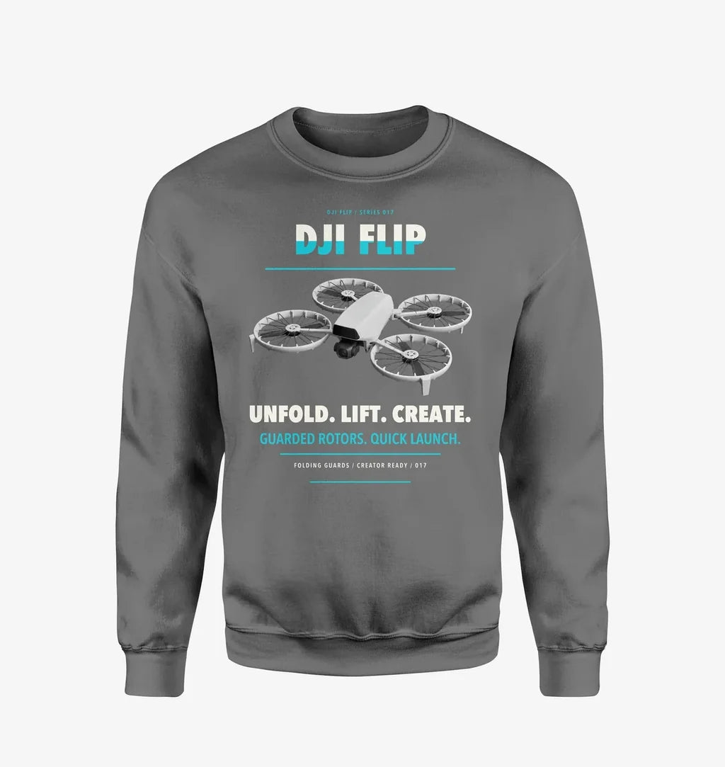 DJI Flip design on gray sweatshirt