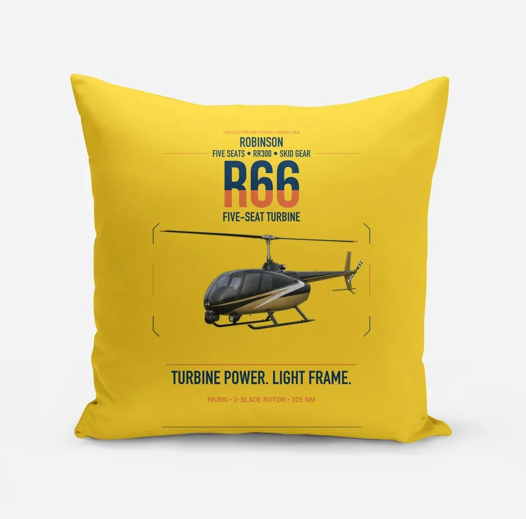 Robinson R66 design on yellow pillow