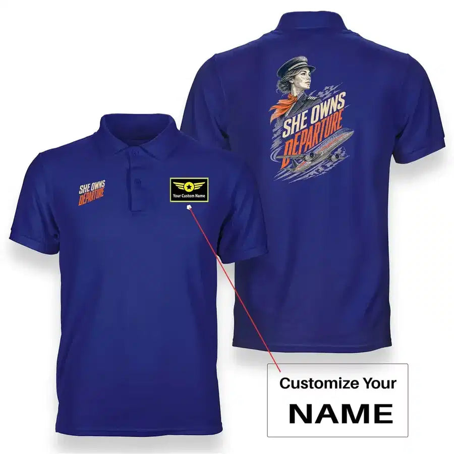 SIGNAL 631 - She Owns The Departure - Double-Side Polo design on blue double side polo with custom name badge