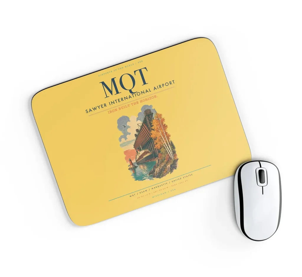 Sawyer International Airport (MQT) design on yellow rectangle mouse pad