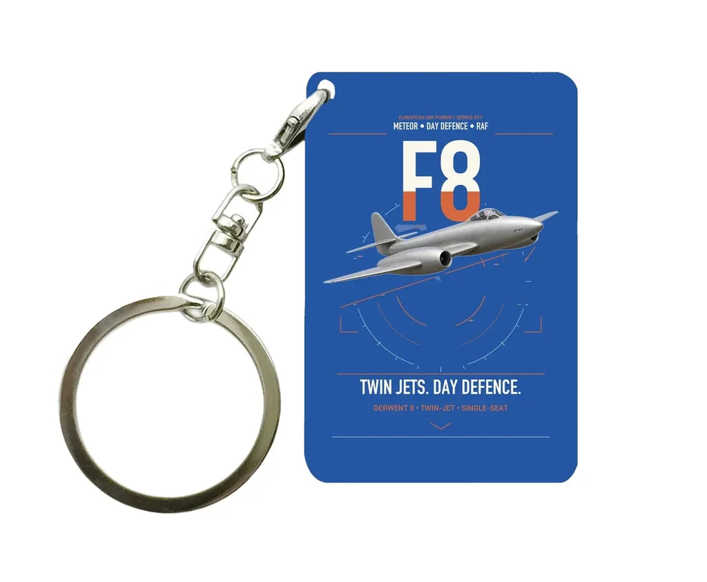 Gloster Meteor F8 design on blue designed key chain, double-side print