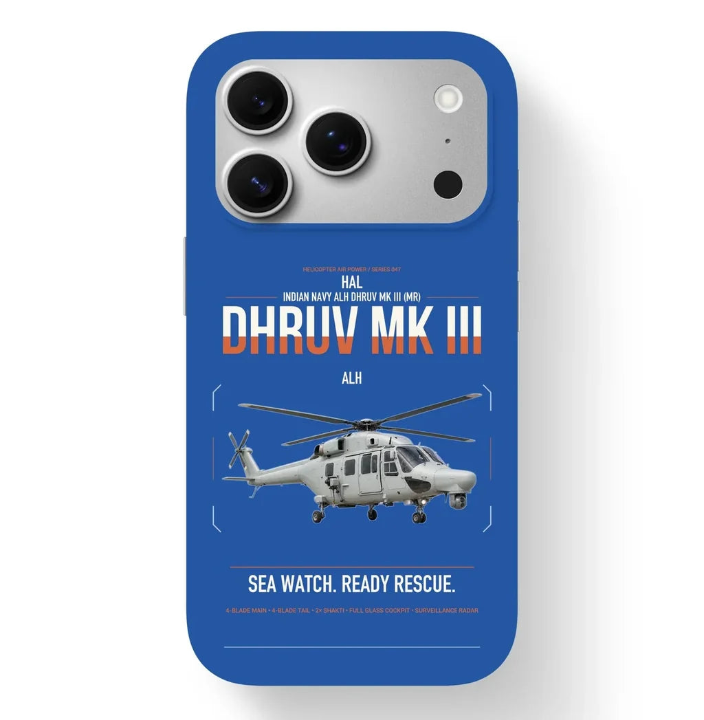 HAL ALH Dhruv Mk III design on blue magsafe iphone case, for iPhone 17 Pro