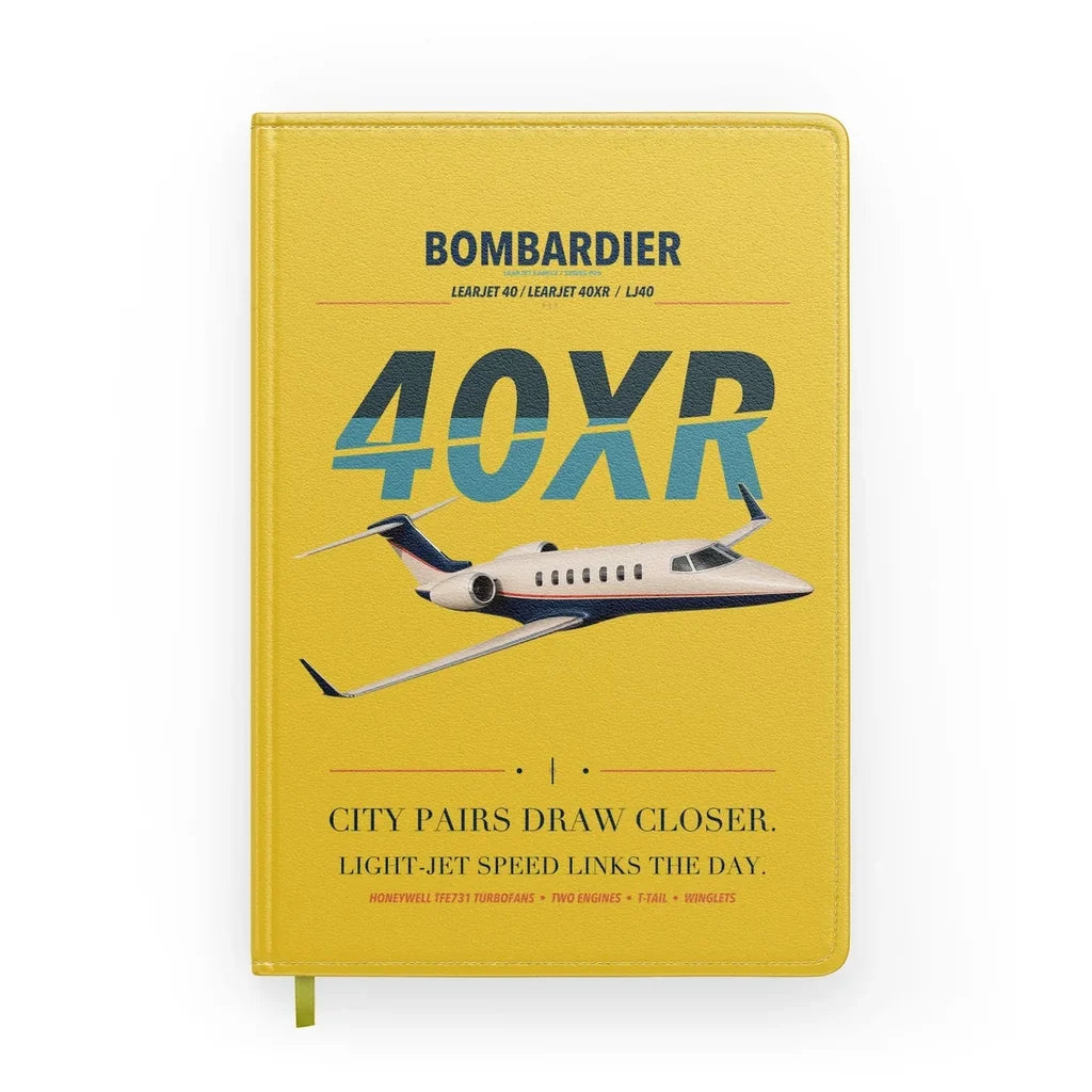 Bombardier Learjet 40XR design on yellow notebook
