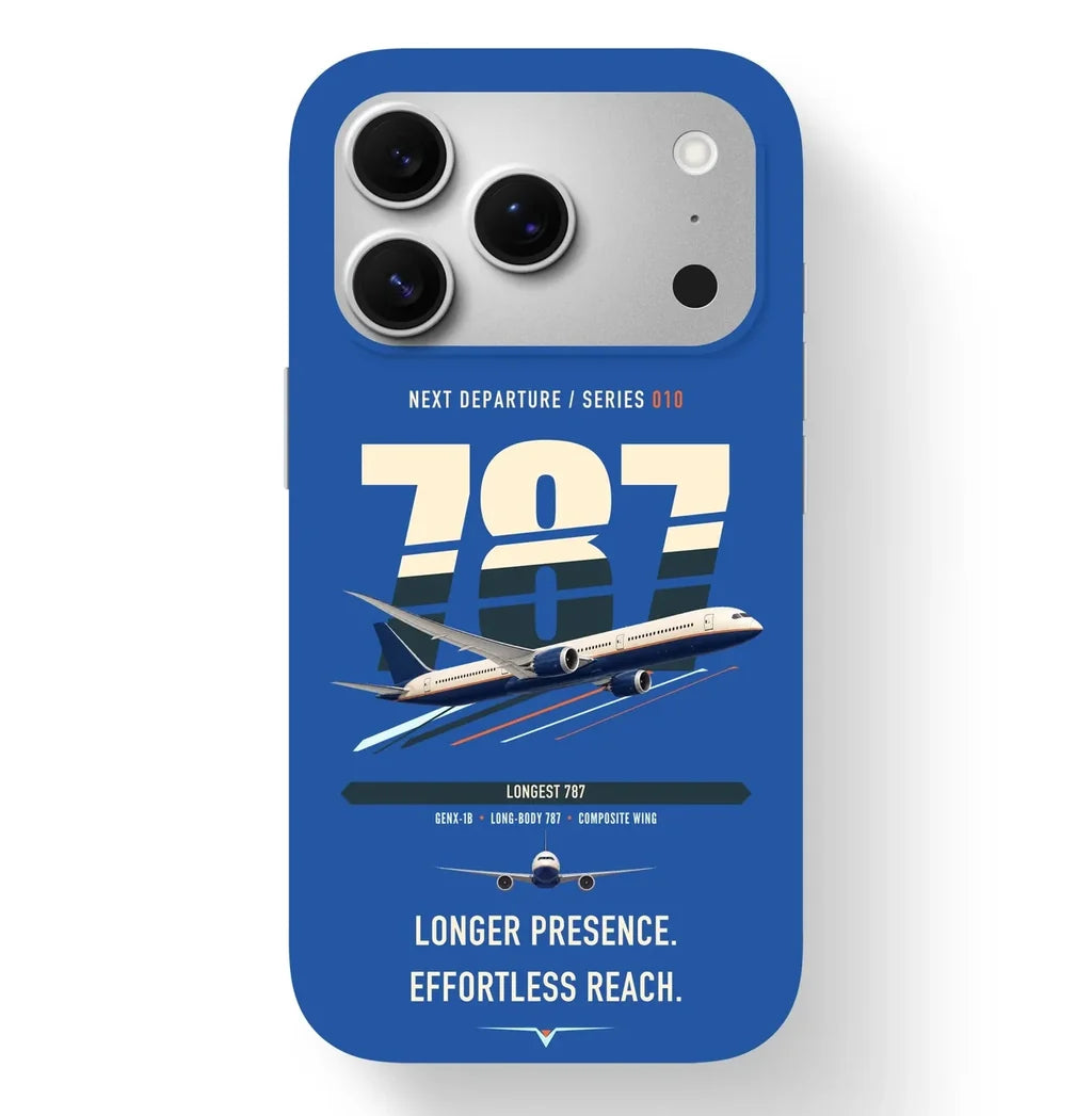Boeing 787-10 Dreamliner design on blue magsafe iphone case